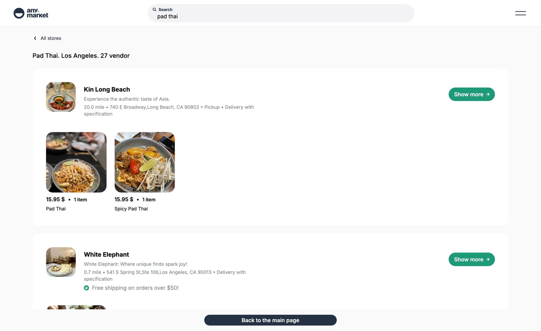 any.market product search — "Pad Thai" across 27 stores in Los Angeles, sorted by distance